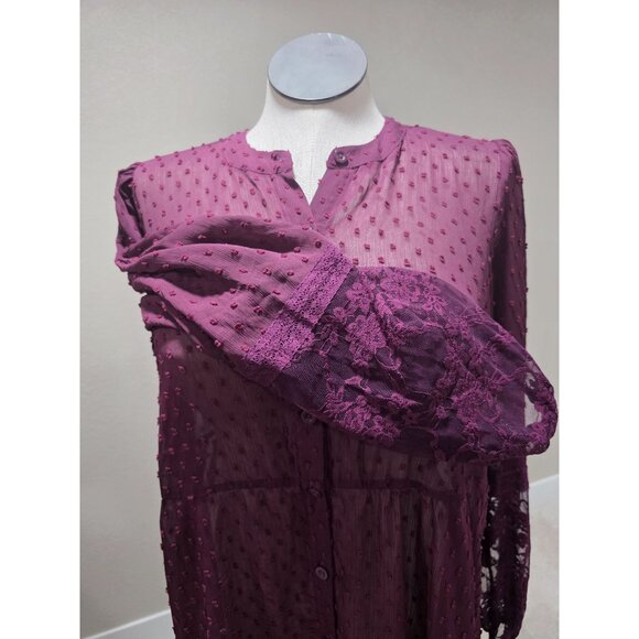 Sheer Plum Button-Front Textured Tunic Dress With Lace Sleeves Women's M/L - Picture 4 of 9